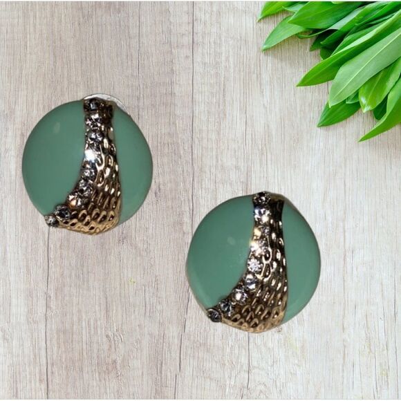 Mint Green Gold with Faux Paved Diamond Round Enamel Earrings with Post Backs - Picture 2 of 6